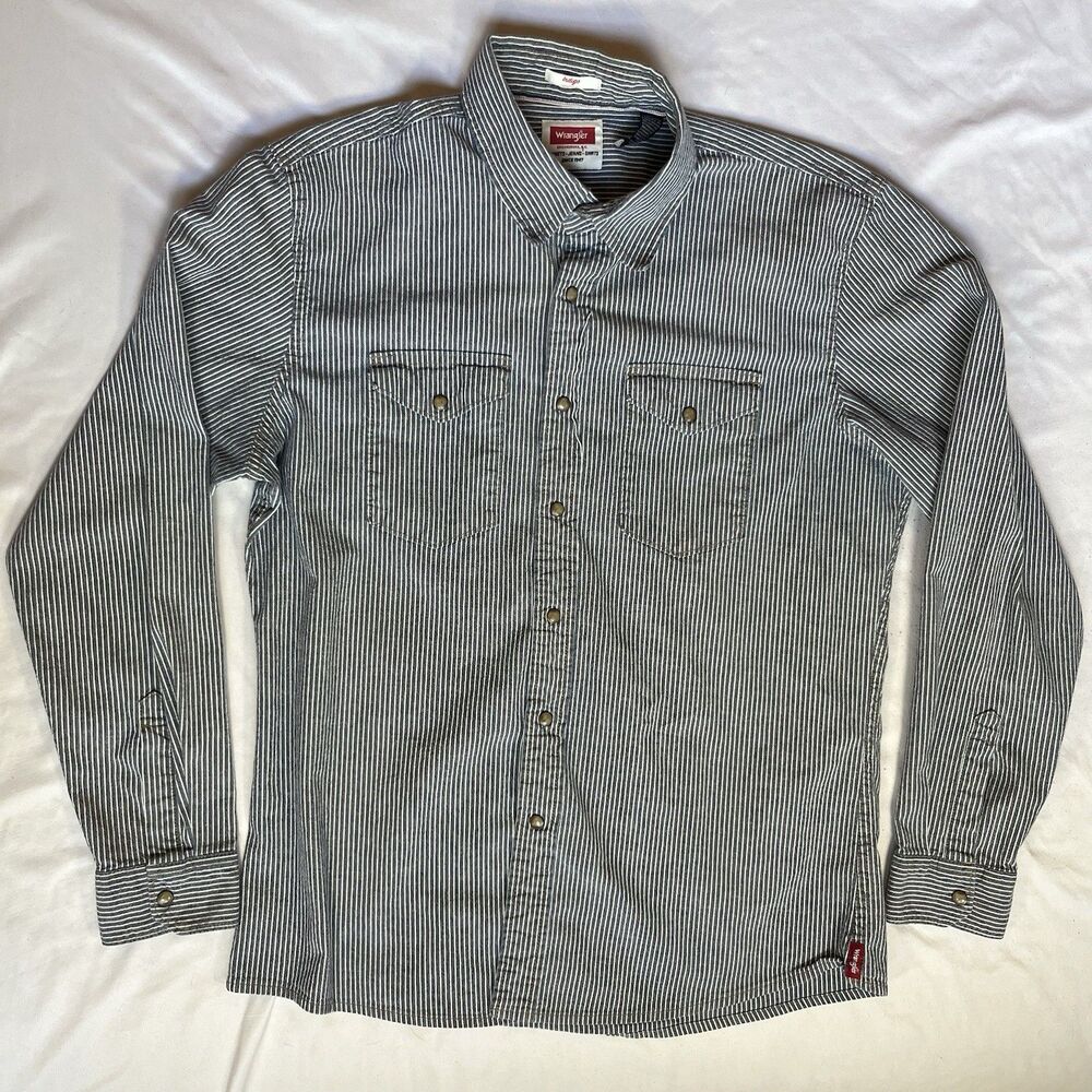 Wrangler Indigo Shirt Mens Large Blue Stripe Western Pearl Snap Workwear Retro